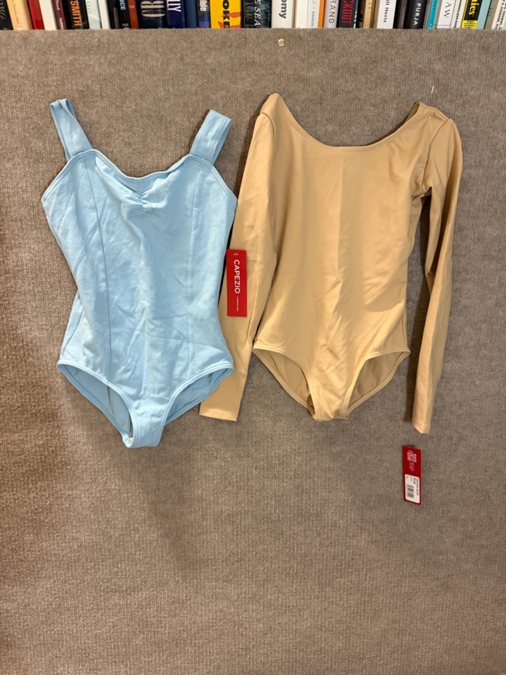 Capezio Light Blue Tank & Nude Long Sleeve Kids Dance Leotards, 10/12 y